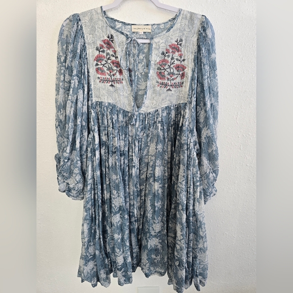 Daughters of India Jaya Mini Dress in Juniper Floral Blue Dress Size XL - Picture 9 of 16